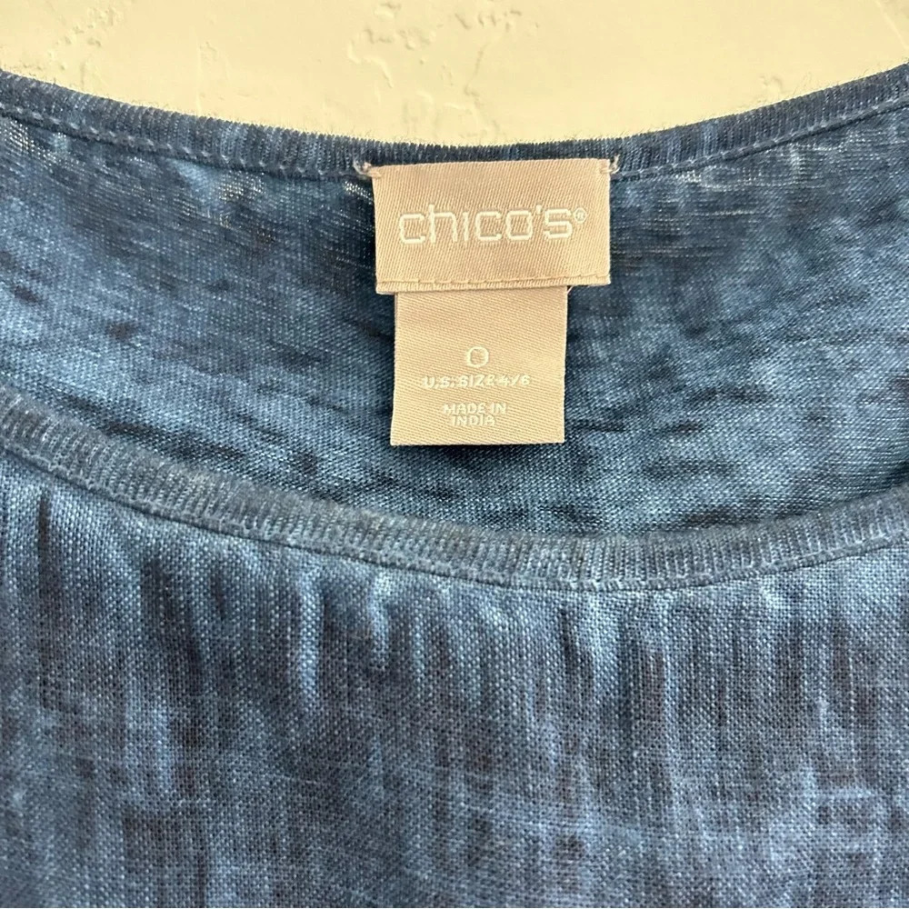 Chicos Linen Blend Blue Space Dye Tee Embroidered Lace Appliqué Size 4/6 Coastal - Picture 3 of 13
